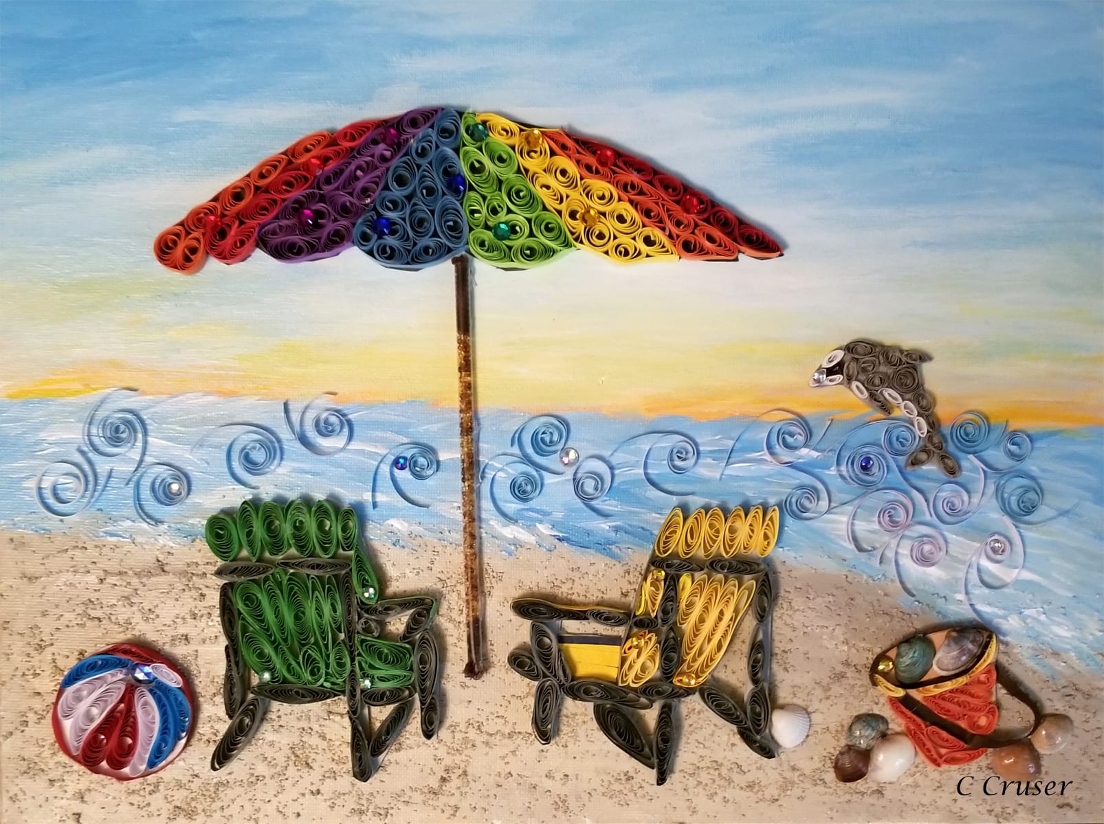 Connie Cruser, Seaside Serenity,  paper quilled artwork on an acrylic painted background, 16 x 12 inches