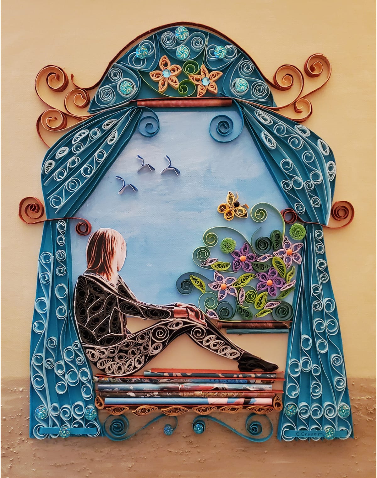 Connie Cruser, Silent Morning, paper quilled artwork on an acrylic painted background, 16 x 20 inches