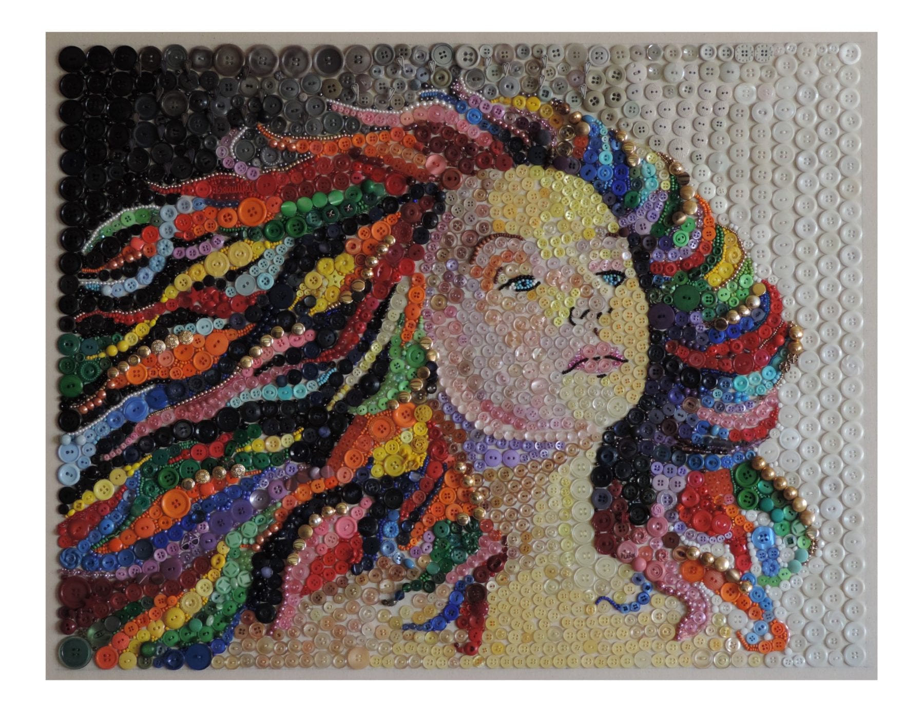 Helene Plank, Magical Muse, mixed media -- buttons and beads hand-sewn onto canvas, 24 x 30 inches