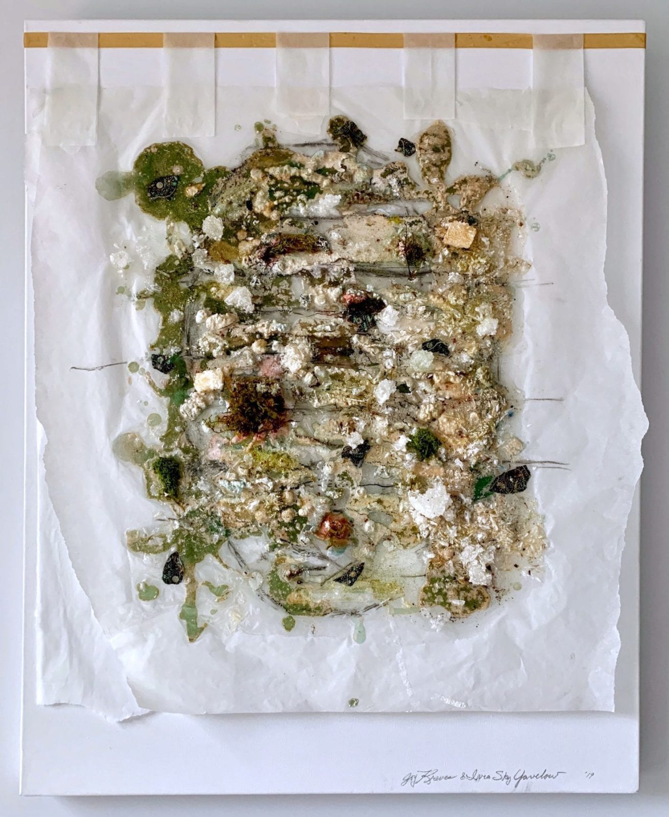 Joy Kreves and Ivia Sky Yavelow, Aftermath, charcoal, salt wash, moss, collage and resin on tracing paper on canvas, 30 x 24 inches