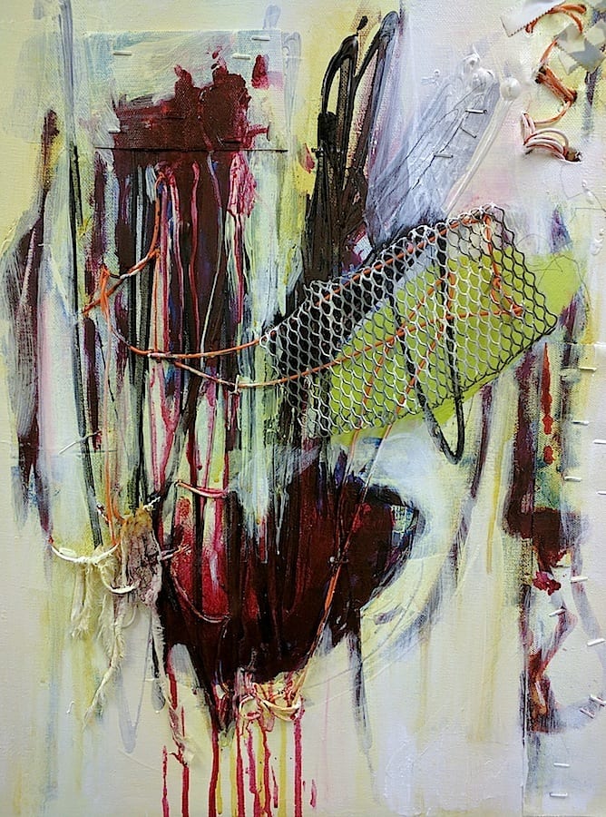 Kathleen Hurley Liao, Broken Heart Surgery, mixed media including acrylic, iodine, medical tape, and staples, 36 x 48 inches