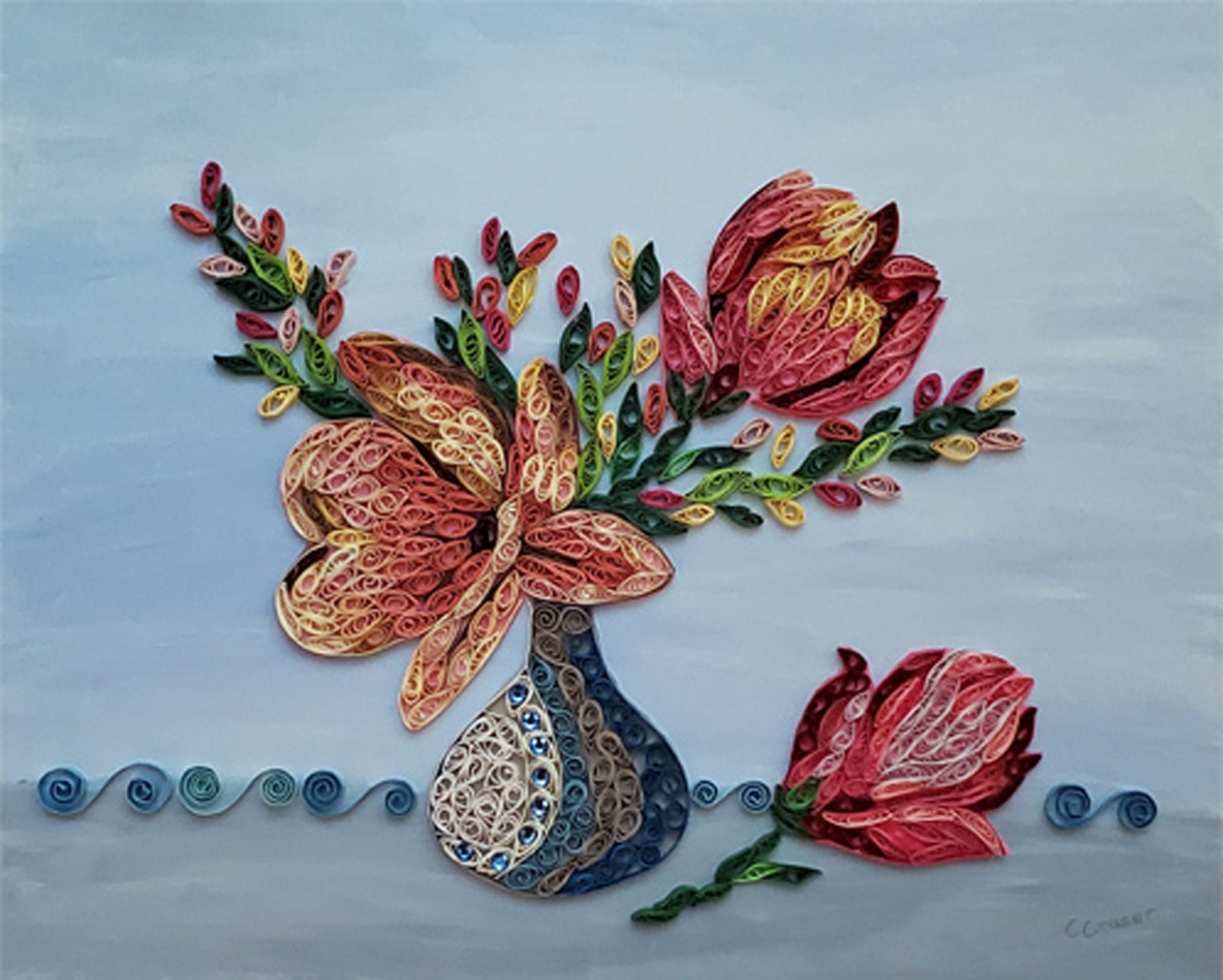 Connie Cruser, Floral Embrace, mixed media (paper quilled artwork), 21 x 17 inches