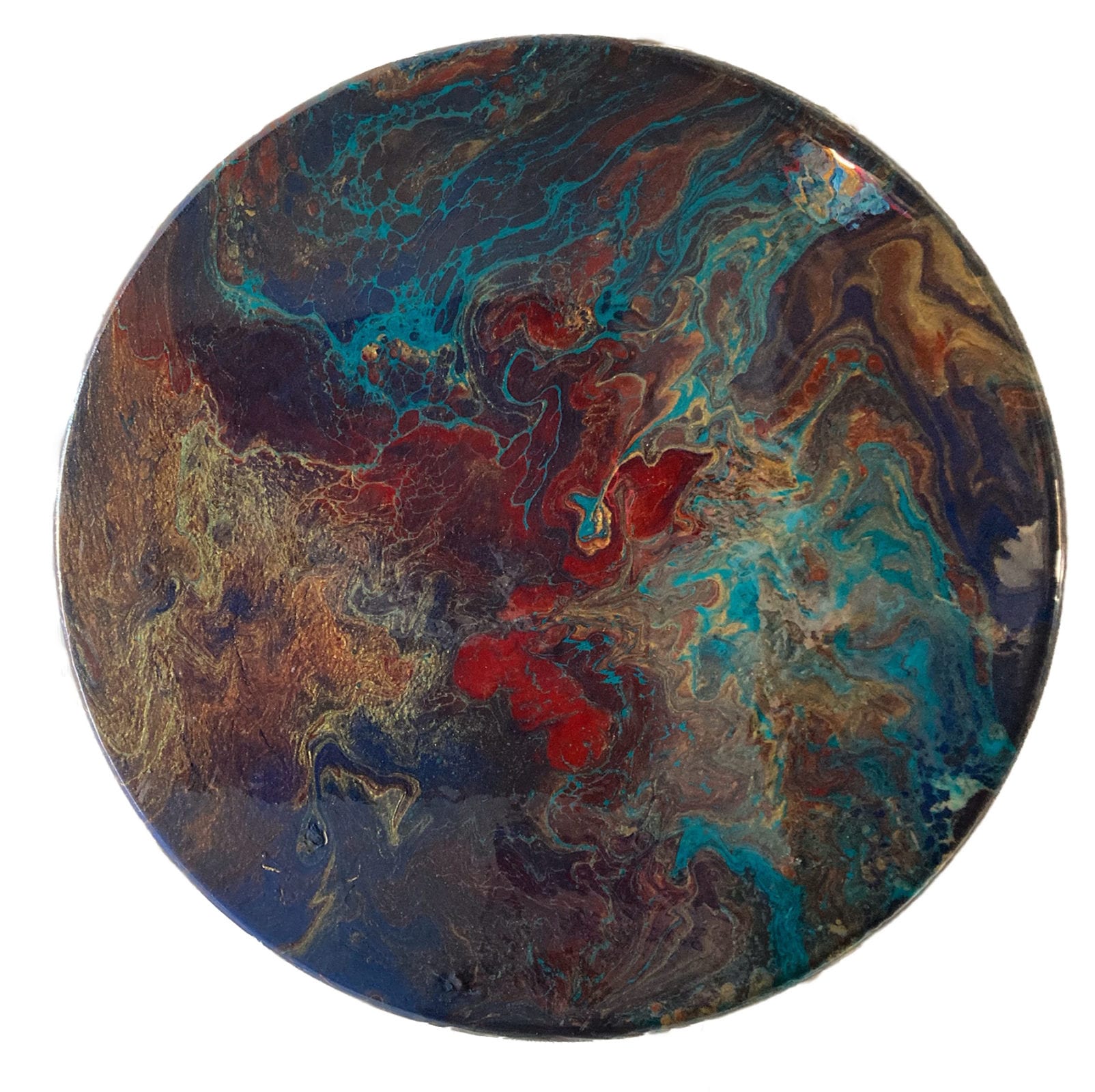 Jayme Fahrer, Desert Rose, acrylic, metallic and house paints, mica powder, resin on an 18 inch pine round, 18 x 18 inches round