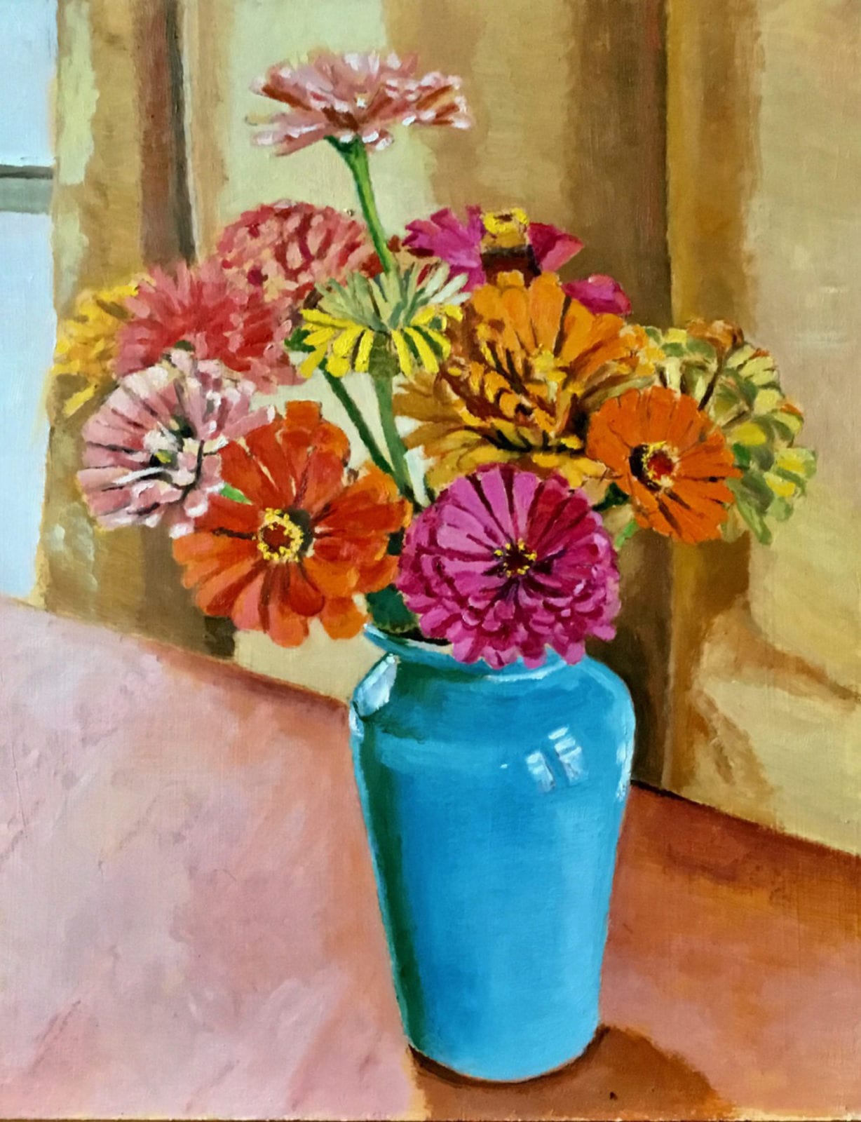 Michael Graham, Zinnias in a Blue Vase, oil on wood panel, 15 x 20 inches