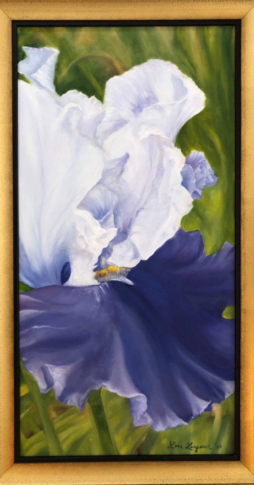 Lori Langsner, Dancing Purple Iris, oil on canvas, 14.25 x 26.25 inches