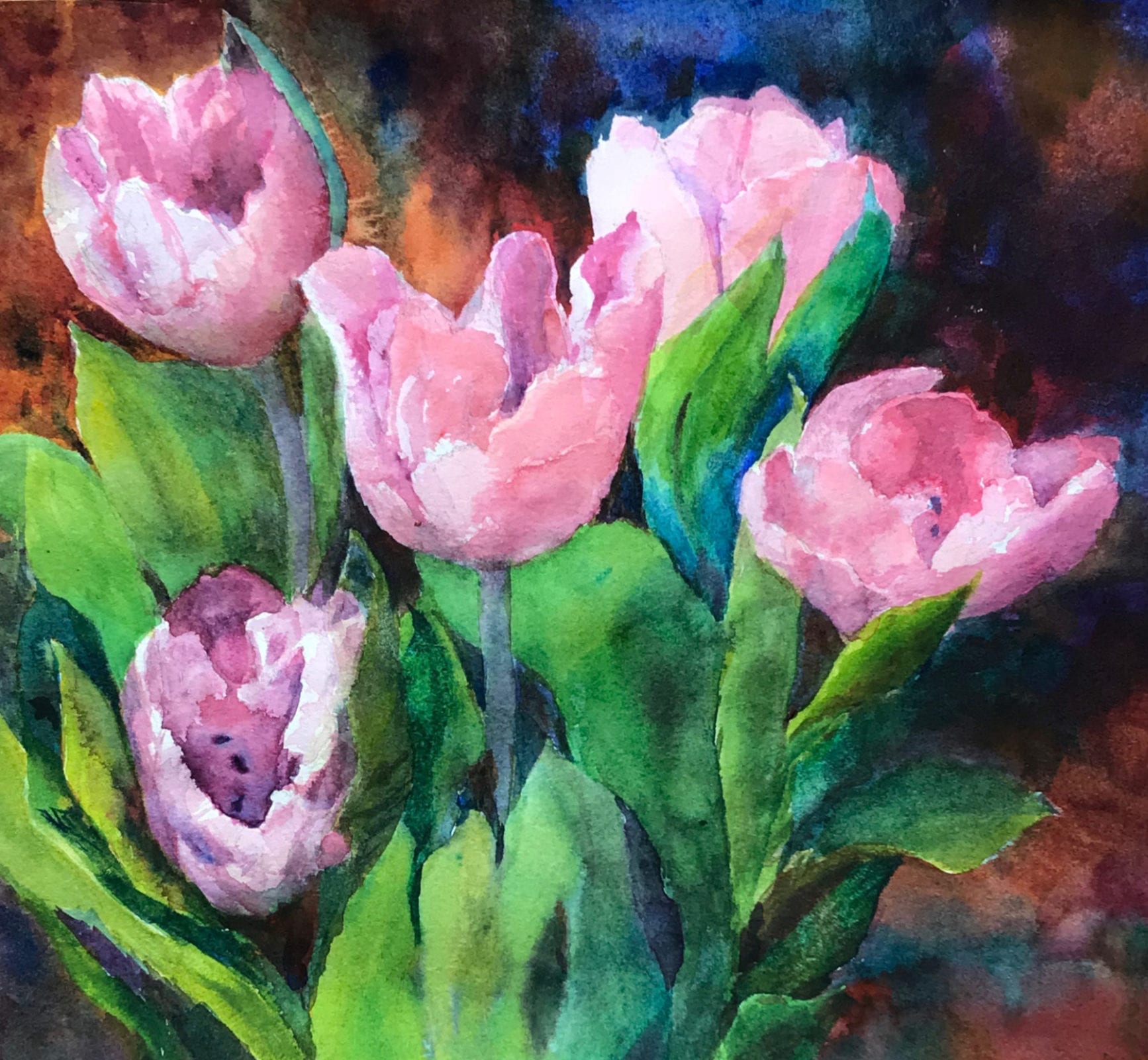 Janet Waronker, Tulip Time, watercolor, 18.5 x 17 inches
