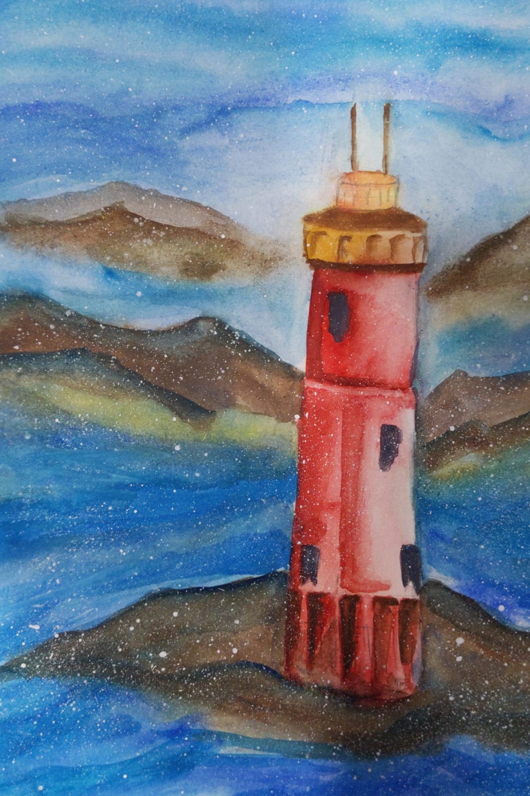 Aadhya Badrinarayan, Lighthouse, watercolor, 9 x 12