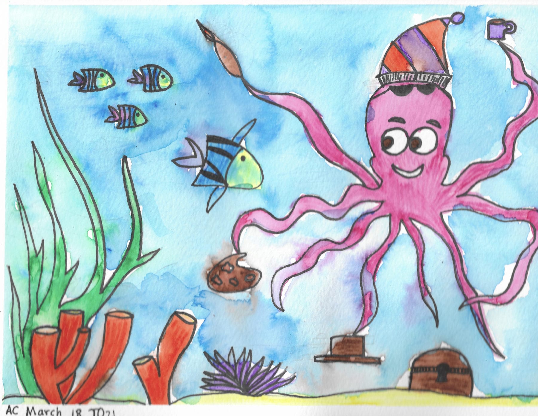 Allora Chandhok, Party Under the Sea, watercolor and markers, 16 x 19.5