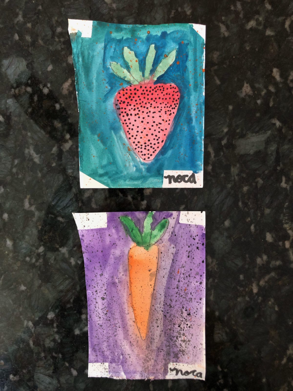Nora Parkin, Splattered Fruit, watercolor, 4 x 6 each