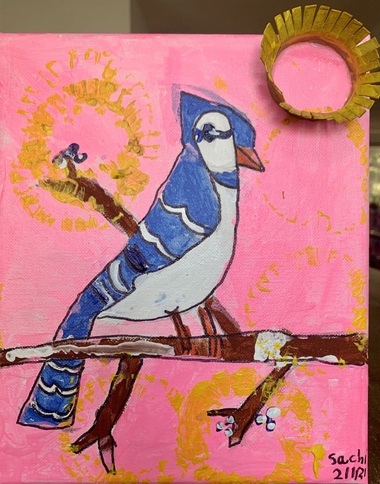 Sachi Varma, Blue cardinal on a Branch, mixed media, 8 x 10