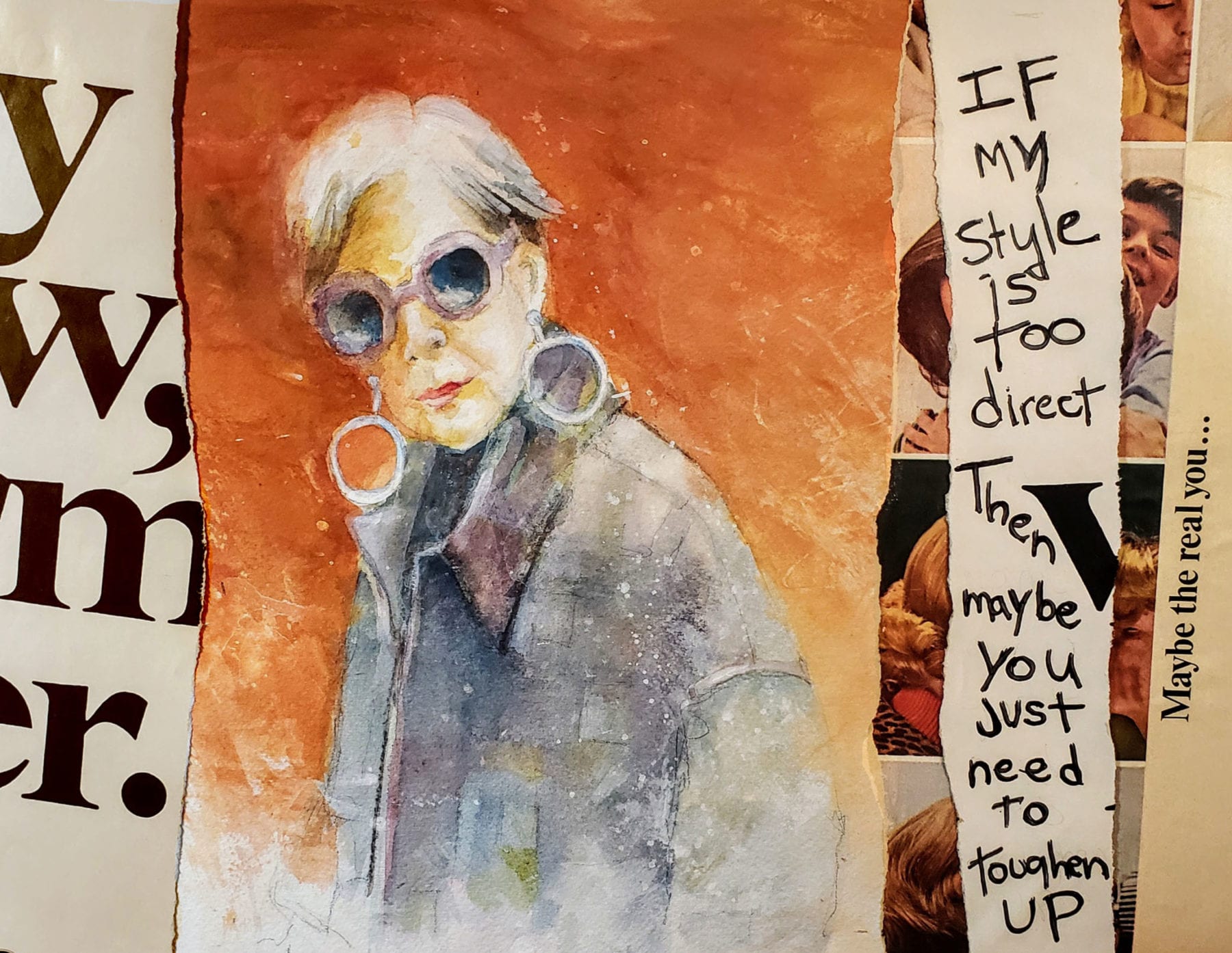 Joanne Amantea, Tough Cookie, transparent watercolor, gesso, marker, vintage papers on museum board , 20 x 16