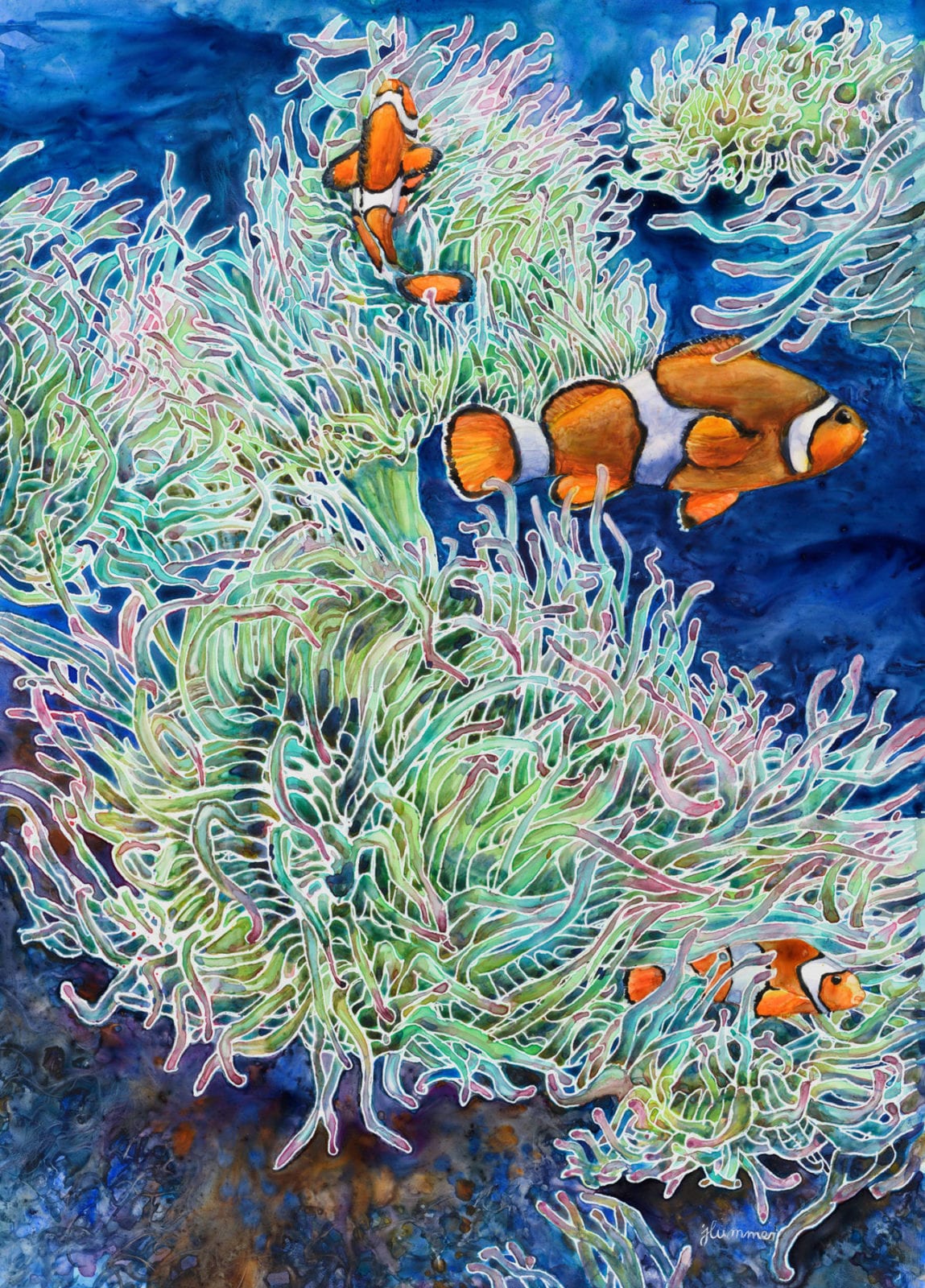 Judith Hummer, Clown Fish, watercolor on yupo, 14.5 x 21.5