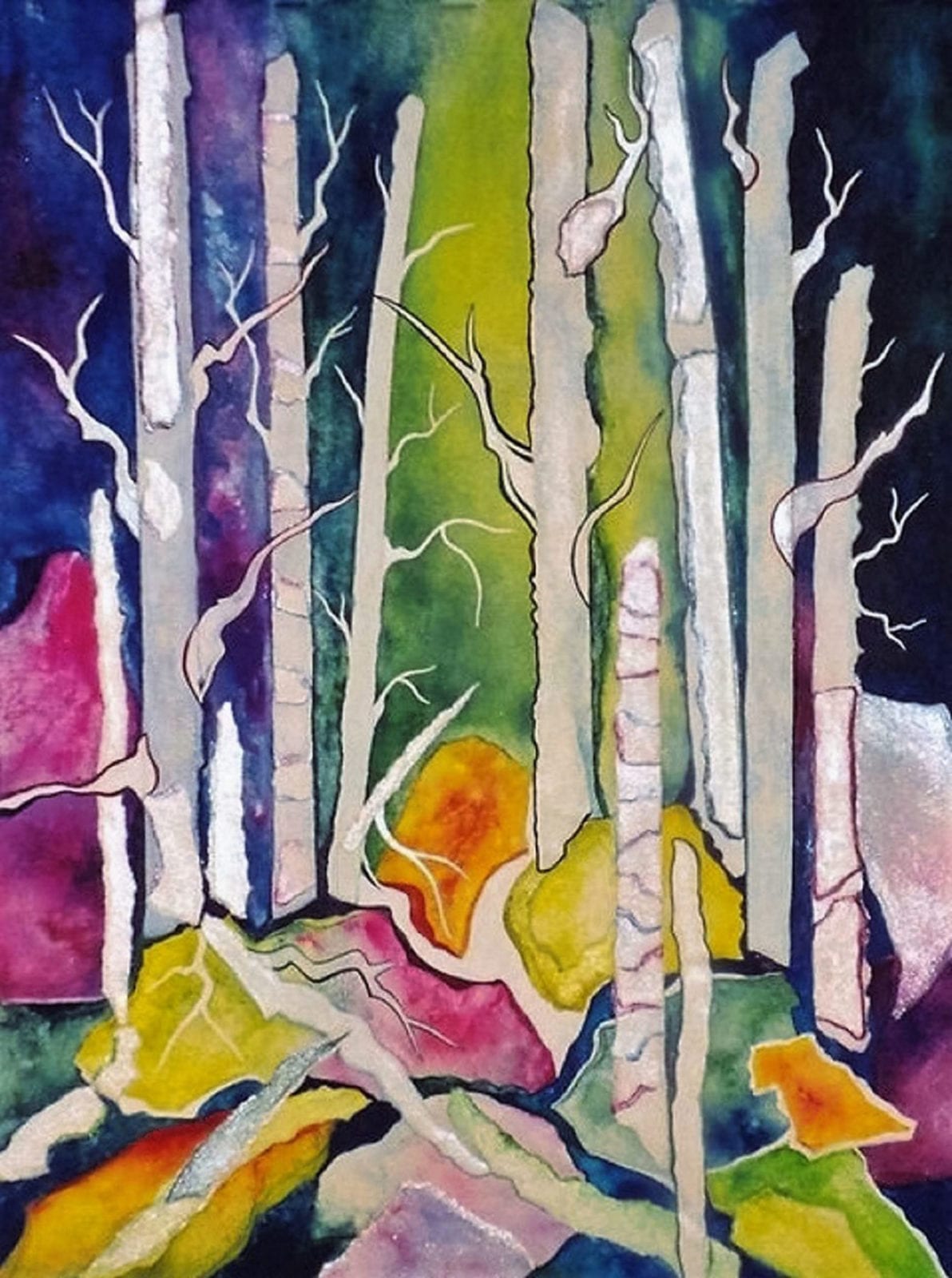 Barbara March, Birch Mountain, watercolor and collage, 24 x 29