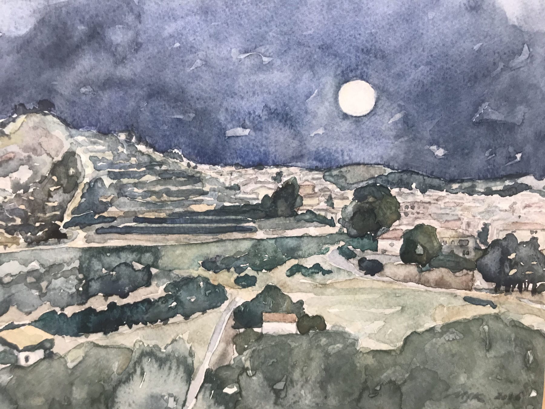 Monica Sebald Kennedy, Moonlight (Navarres in Spain), watercolor, 17.5 x 13.5 