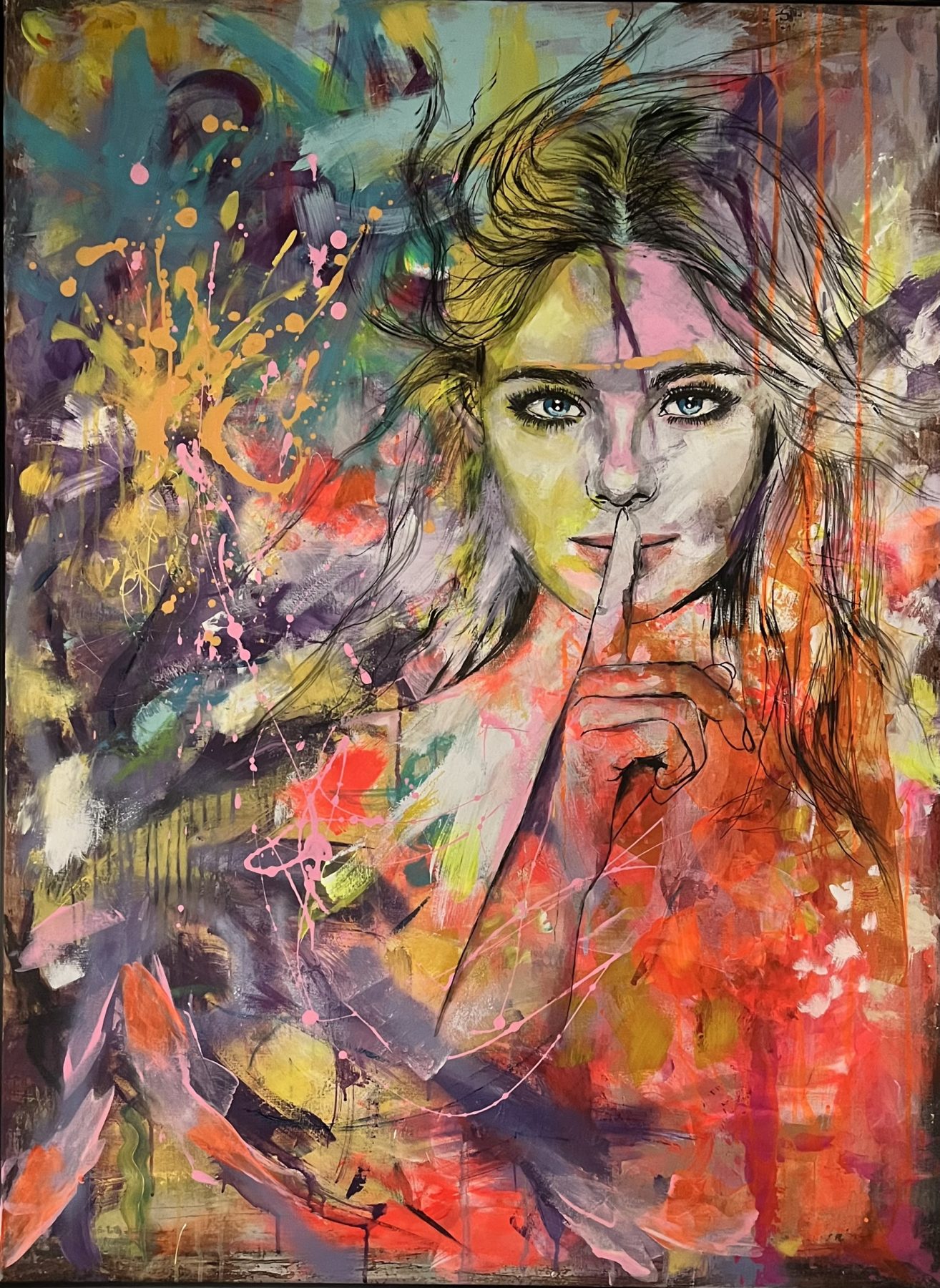 “In the middle” is an abstract painting featuring  a beautiful girl as a focal point. The painting is very dynamic and represents the energy of life on one hand and the need for peace and quiet on the other.