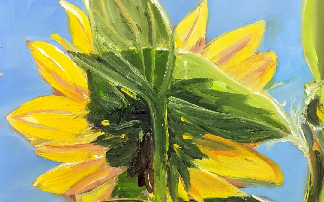 Painting of a Sunflower by Helene Mazur. Perspective is from the back of the flower so viewer is looking at the green stem and underside of the yellow flower, against a blue background.