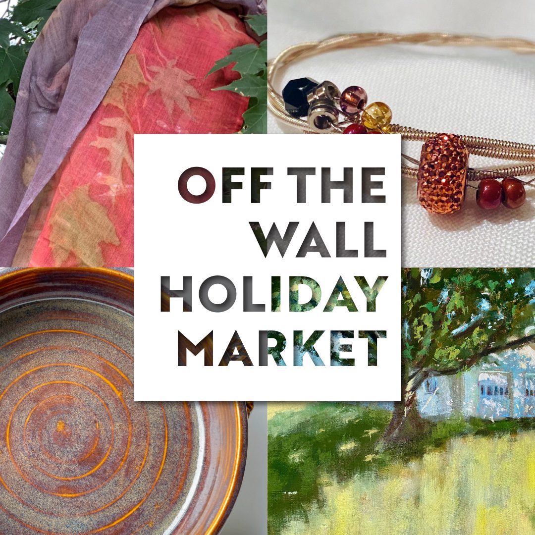 Four images representing the Holiday Market; hand dyed scarf in pink and purple, bracelet with bling, ceramic dish in shades of orange and painting of a tree with shadow.
