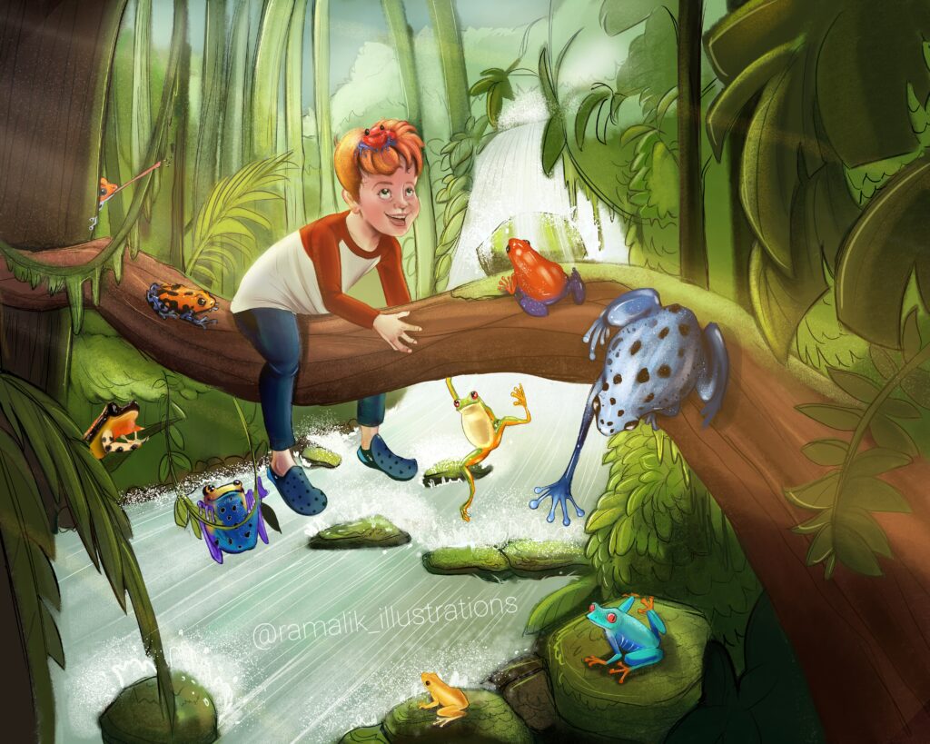 Digital drawing of boy on large branch with tree frogs and river