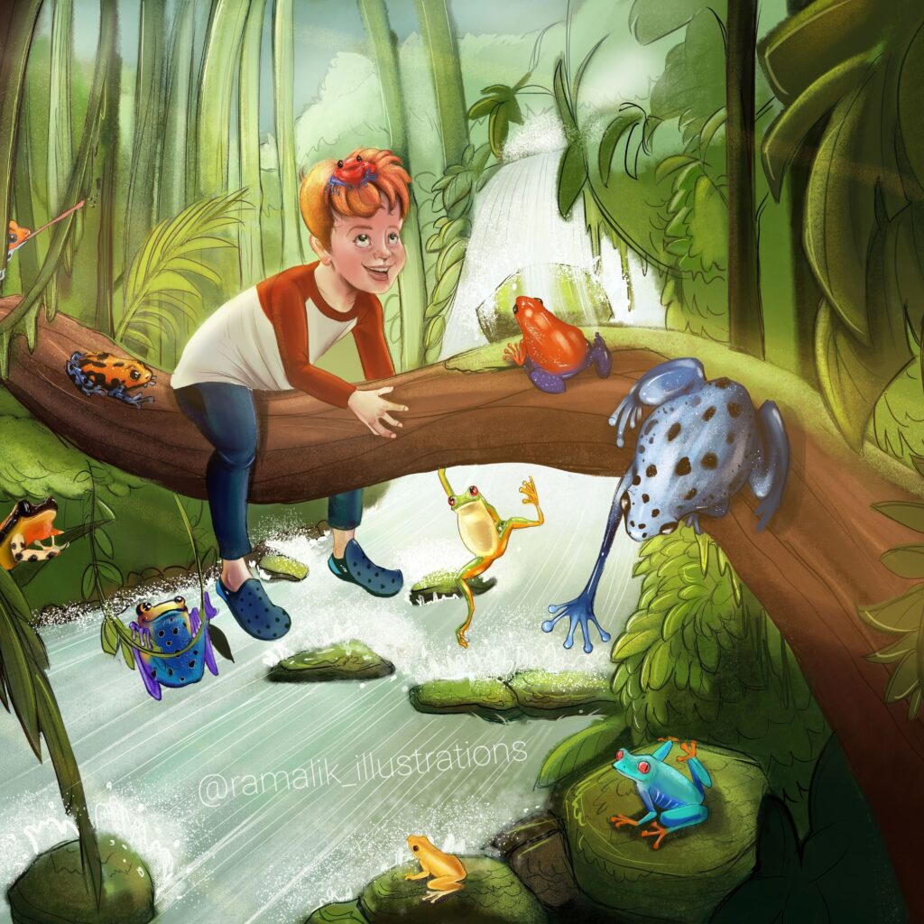 Digital drawing of boy on large tree branch, surrounded by tree frogs and a stream of water.