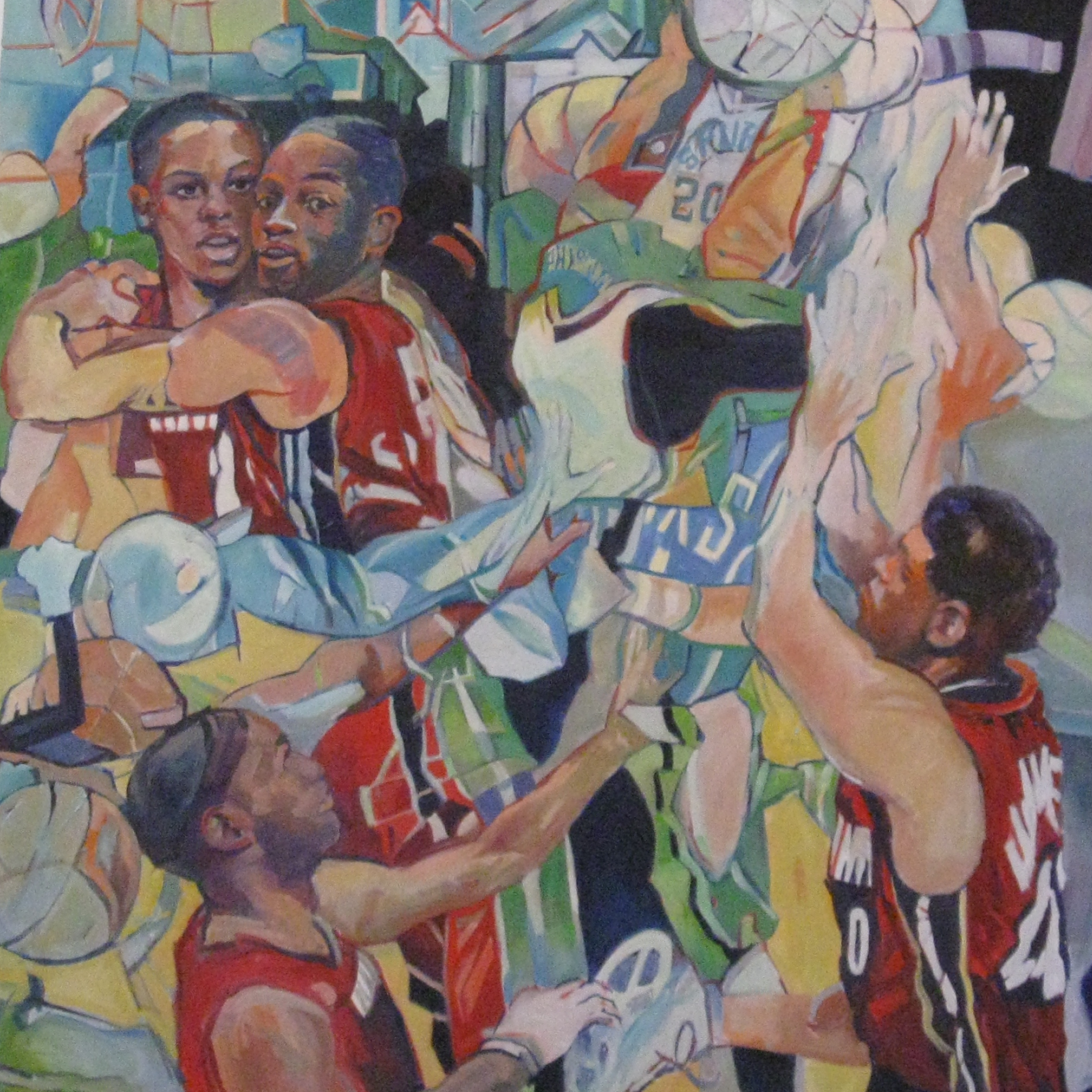 Painting of men involved in basketball. Has a collage feeling.