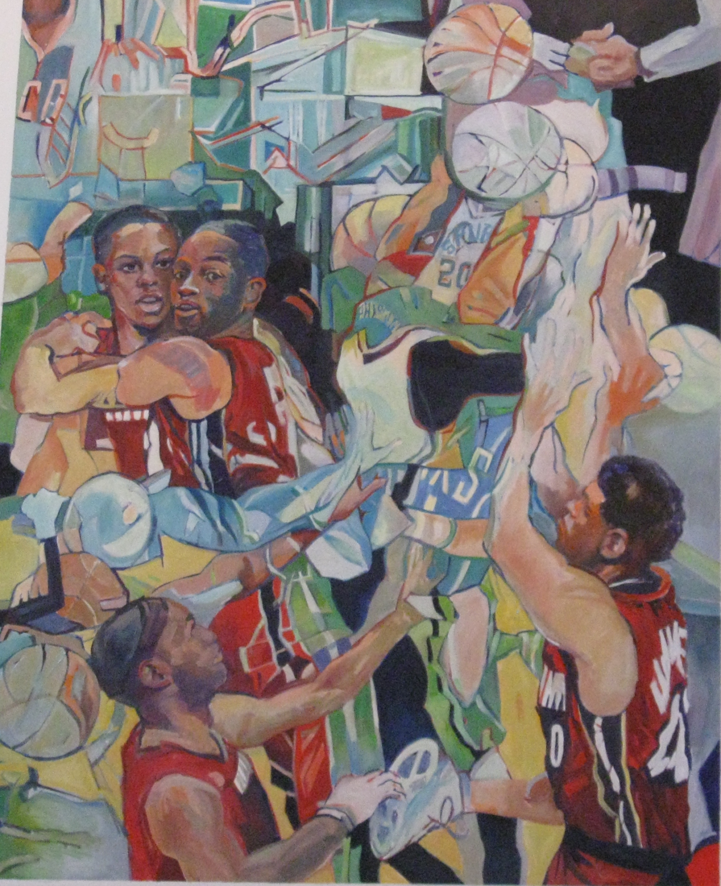 Painting of men involved in basketball.  Has a collage feeling.
