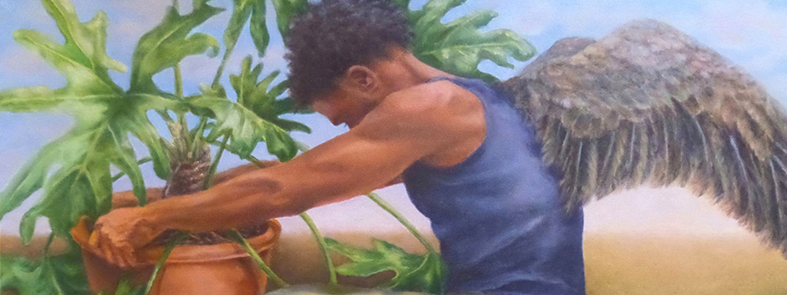 Detail of painting of a man with arms outstretched to a  potted house plant. Head is down, and he is wearing a tank top.  He has gray wings on his back.