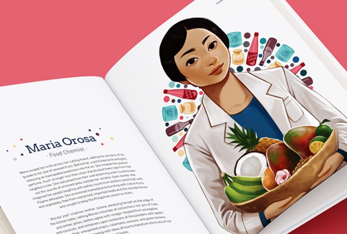 Illustration of a woman in white suit jacket, holding a bowl of tropical fruit, on a book page