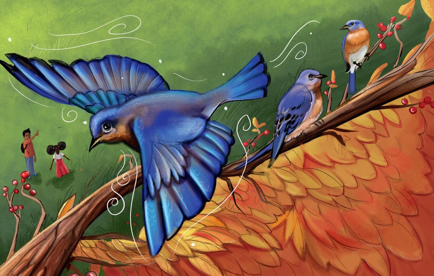 Blue bird flying over a small family