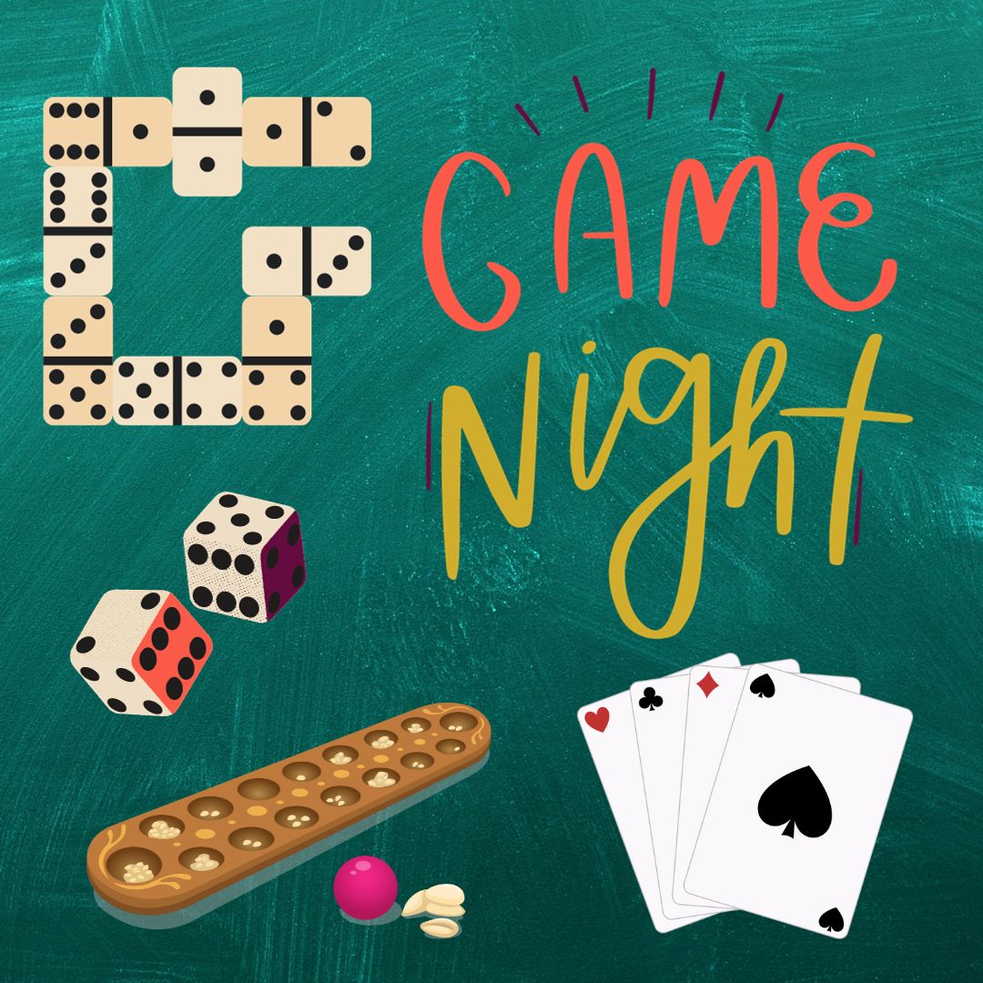 Game Night graphic including dice, cards and dominos.