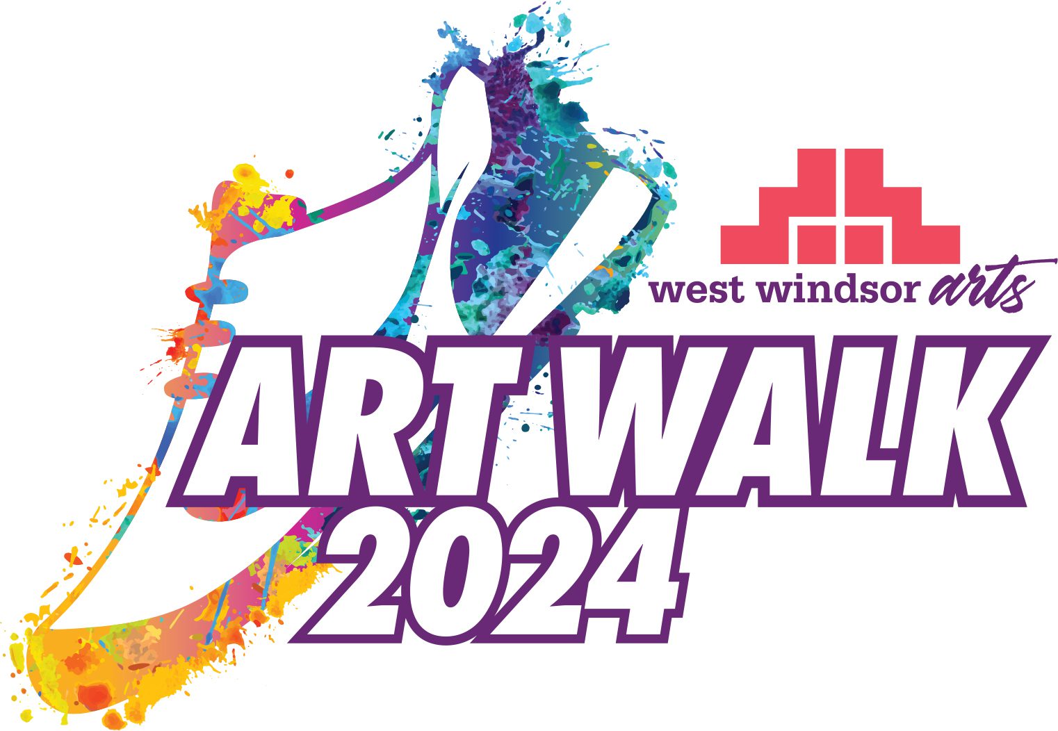 event logo featuring a brightly colored sneaker and the words Art Walk 2024 and West Windsor Arts