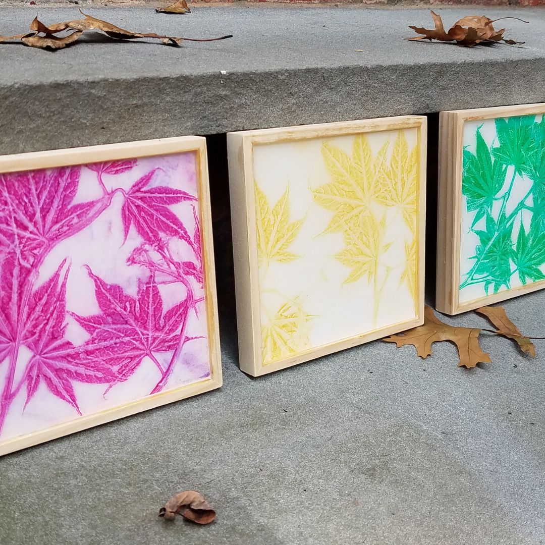 a pink, yellow, and green print of maple leaves from gelli plate