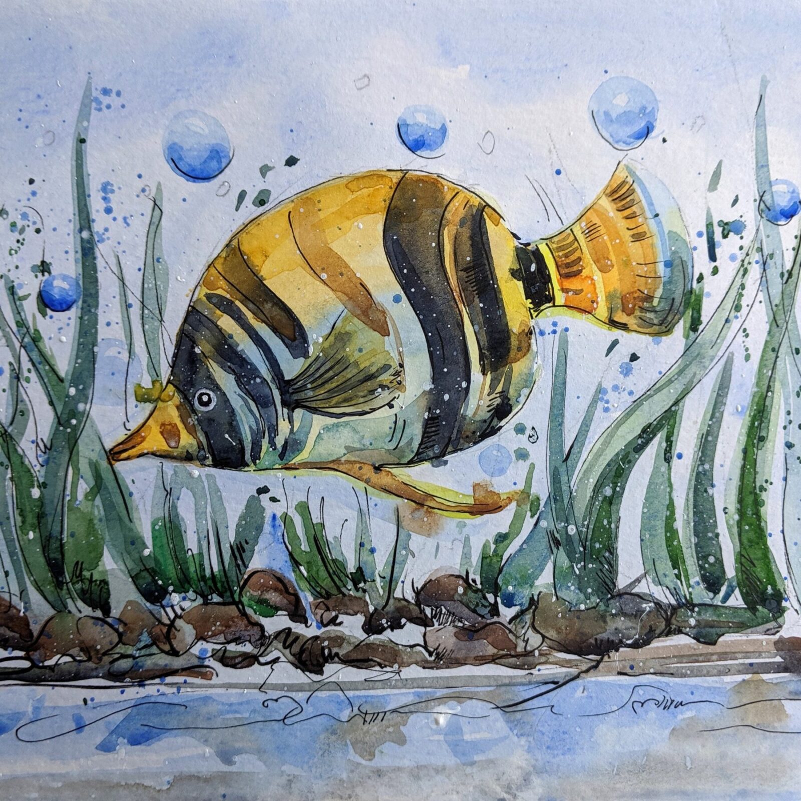 watercolor of yellow fish with seaweed and bubbles